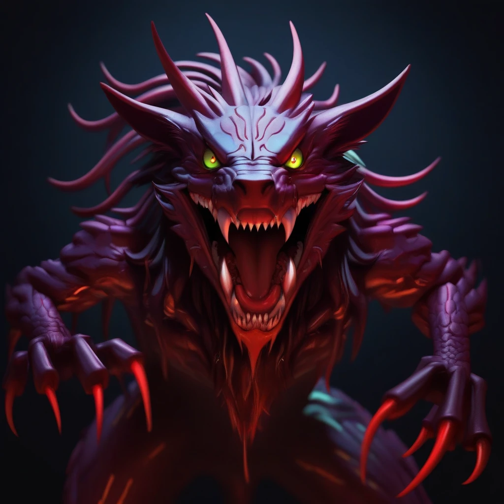 repulsive beast the Chupacabra, dark background,evening, high quality, hair features,, cyberpunk eyes,
((Big fangs)) teeth bathed in blood, 5 legs, look, craving to eat, angry, epic