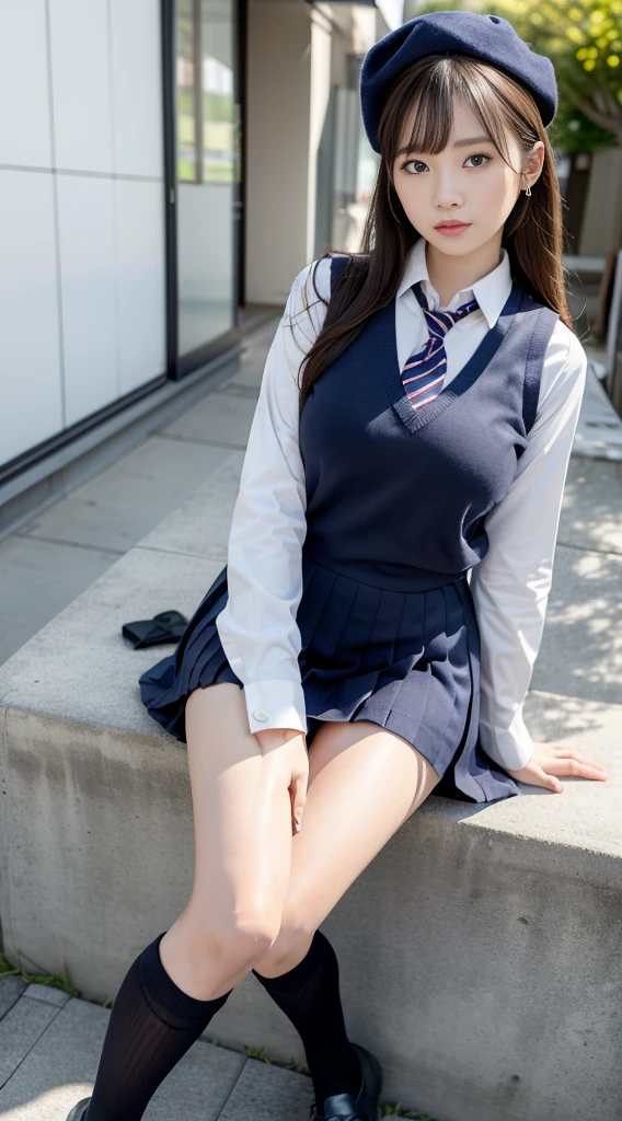 mix4, (16K, Raw photography, Top image quality, ​masterpiece: 1.45), (realisitic, Photorealsitic: 1.37), one girls, 7.5 head body、Standing Pose, cute little, A city scape,, profetional lighting, photon maping, School building with street trees, physically-based renderingt, Gradient dark brown hair,, a handsome, Well-groomed and beautiful eyes、double eyelid、girl with, (((student clothes、Long sleeve shirt worn by Japan high school girl、Navy blue vest、Ribbon-shaped tie、Dark blue over-the-knee skirt, Navy Blue Beret、Dark blue knee-high socks、Black loafers))), Top Quality Photos, hight resolution, 1080P, (clearface), (Detailed face description), (Detailed hand description), (​masterpiece), (Exquisite CG)、extreme light and shadows、dishevled hair、master work、abundant detail、(Fine facial features)、(top quality photo)、(masuter piece)、(A detailed eye)、Look in front of you、Fine clavicle、((Slender big))、(((Japan  wears a long-sleeved shirt)))、((y Idol System))、((Sidewalk with street trees))、(Shooting from random perspectives)、(((Anyway cute)))、earrings、(A big smile:0.6)、Drawing the whole body from the knees、Do not draw nasolabial folds、(((High school girl with neat and clean Japan)))、(Bigat hang down big:1.1)、Big buttocks with Two arms and two legs、(((from the front side:0.2)))、bare hand、