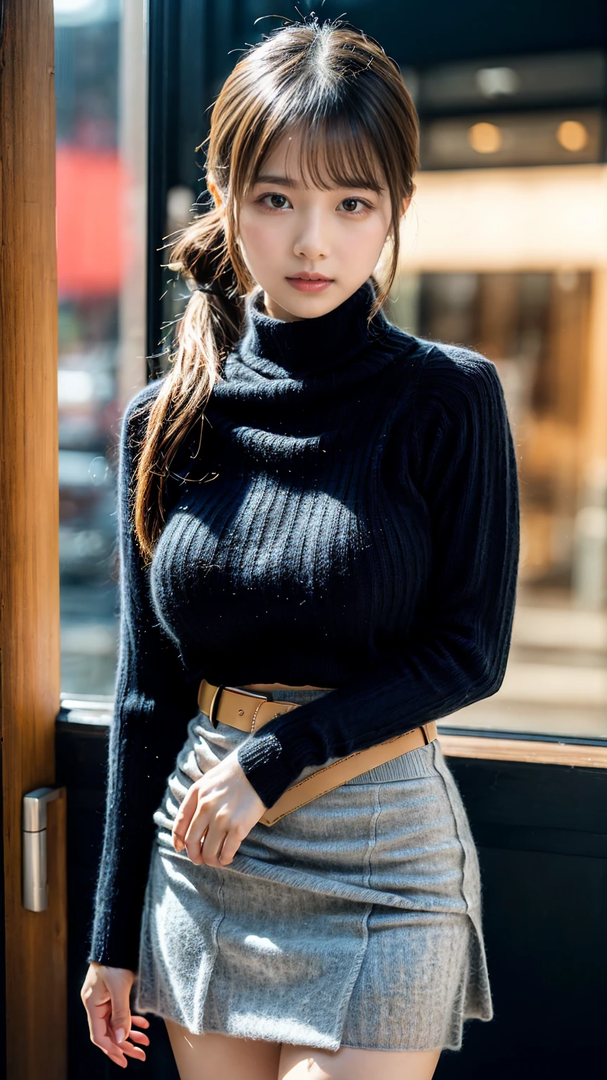 (8K, RAW Photos, Highest quality, masterpiece:1.2), (professional photography, full colors, studio-caliber color grading), (Gravure quality for high-end fashion magazines), close up, BREAK,18 year old girl, (low ponytail:1.2), crying a little, Harajuku style, Big Natural Color Lip, (Plumpy body:1.2 (smooth skin:1.1 (huge breasts:1.2 BREAK ((very tight cashmere high neck sweater、Perfect fit to your body line、tight mini skirt、belt))