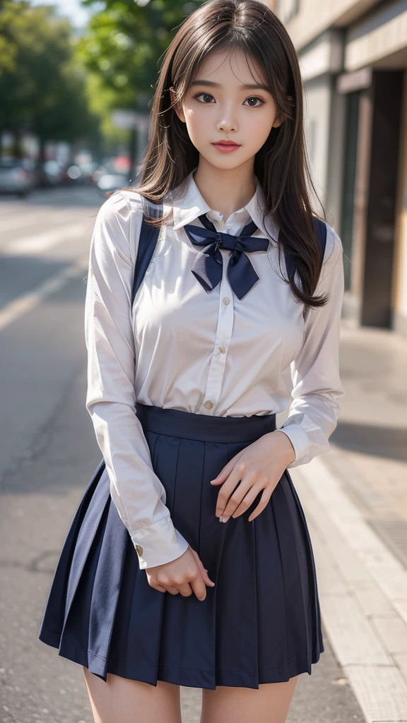 ((A beautiful girl wearing clothes that emphasize her breasts)), (Cute school girl:1.3, -faced girl:1.3), Slender body line, Ultimate Beauty, ((Detailed eyes and face:1.2, Professional photography techniques)), (Captivating Lips, Sexy look)