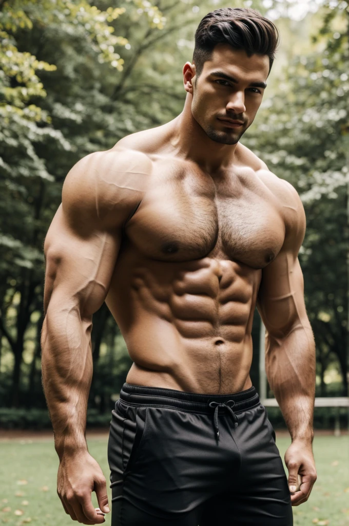 Muscular man modeling in a park with t shirt bkack