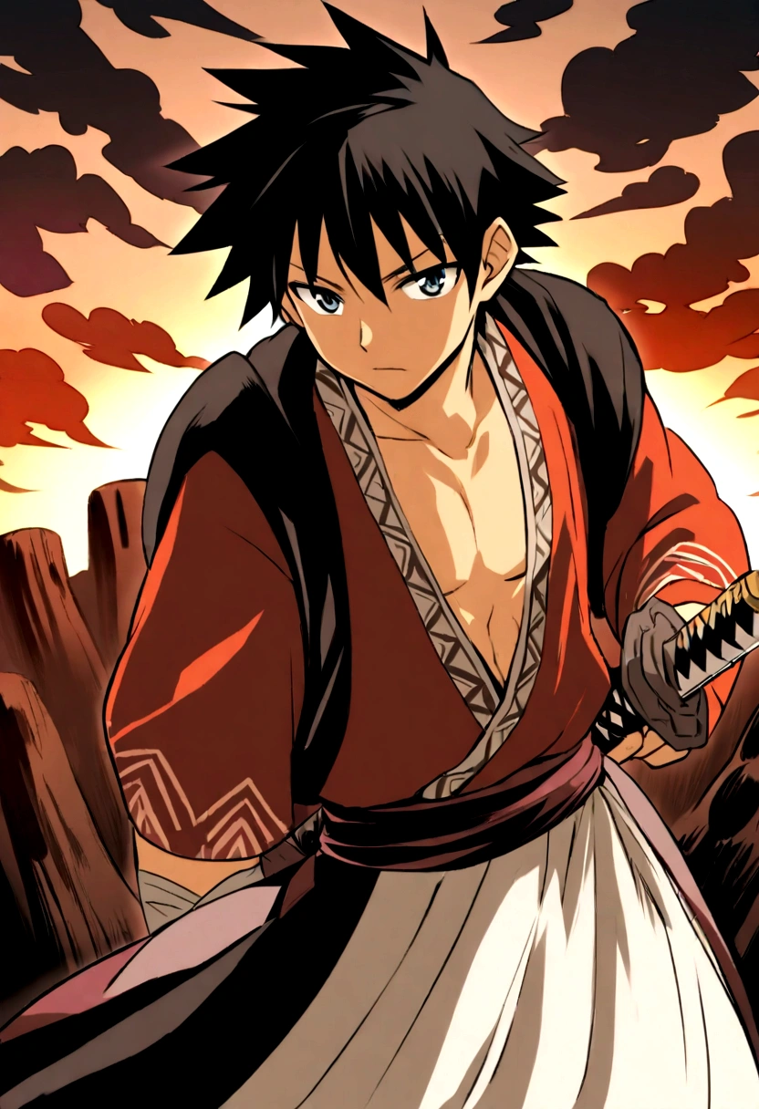 An anime character/manga whose approximate age is , living in the 15000s and their typical clothes from that time, On his waist he carries a katana and his eyes are red as coals., and your black hair