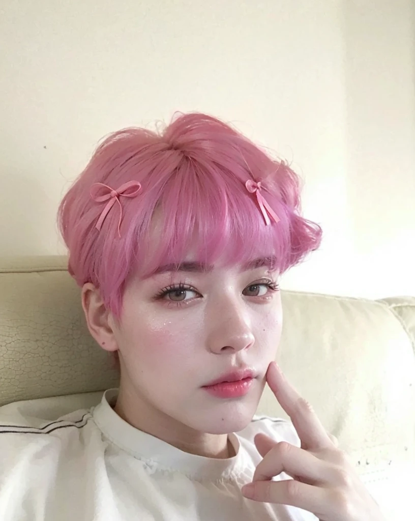 there is a young man with a pink wig and a pink bow on his head, inspired by Yanjun Cheng, linda garota with pink hair curto, inspired by Russell Dongjun Lu, kawaii realistic portrait, cai xukun, park Jimin, non-style artwork by guweiz, with pink hair, drainage gang bladee, Jimin, yanjun chengt