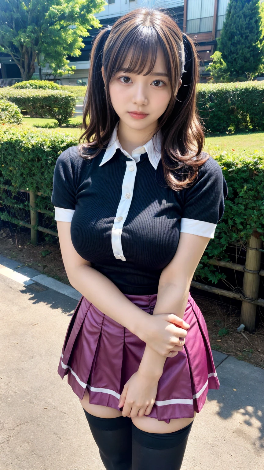 masterpiece, best quality, illustration, Super detailed, fine details, High resolution, 8K,wall paper, perfect dynamic composition,(Details High quality, realistic depiction of eyes:1.3), standing, short hair, (wavy hair:1.2), (short sleeve collared dress shirt,tight skirt,thighhighs,zettai ryouiki:1.4), black hair color, Big Natural Color Lip, bold sexy pose, crying a little、cold gaze, Harajuku style、acrobatic pose, 20 year old girl、cute type、lolita、beautiful legs, gravure idol, Japanese idol, huge breasts