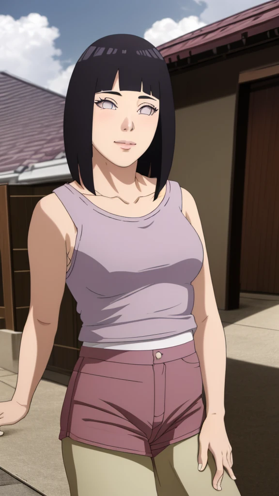 Masterpiece, Hinata\(Boruto\), 1 girl, alone,mature woman, (wearing mini camisole & hotpants:1.25),  outdoor, look at viewer, (petals falling), The sky is cloudy, laundry-ing, perfect composition, details lips, big breast, Beautiful face, body proportions, Blush, (pink lips), long hair,  purple eyes,  soft stare, sad smile,  Very realistic, details, photography, accurate faces and bodies, stay-at-home wife, 