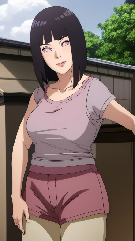 Masterpiece, Hinata\(Boruto\), 1 girl, alone,mature woman, (wearing mini camisole & hotpants:1.25),  outdoor, look at viewer, (petals falling), The sky is cloudy, laundry-ing, perfect composition, details lips, big breast, Beautiful face, body proportions, Blush, (pink lips), long hair,  purple eyes,  soft stare, sad smile,  Very realistic, details, photography, accurate faces and bodies, stay-at-home wife, 