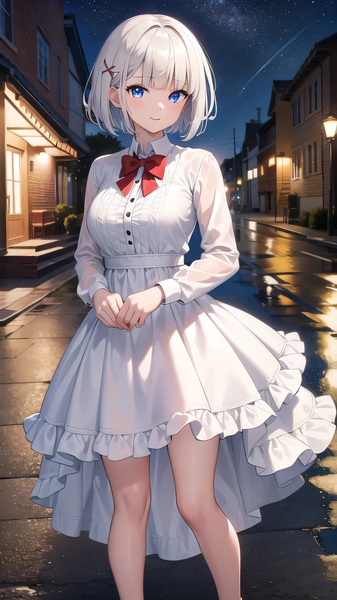 detectivesiesta, smile, short hair, bangs, blue eyes, shirt, hair ornament, long sleeves, dress, bow, white hair, hairclip, blunt bangs, bowtie, red bow, x hair ornament, red bowtie, siesta, (medium breast:1.2), BREAK looking at viewer, BREAK outside, BREAK (masterpiece:1.2), best quality, high resolution, unity 8k wallpaper, (illustration:0.8), (beautiful detailed eyes:1.6), extremely detailed face, perfect lighting, extremely detailed CG, (perfect hands, perfect anatomy),night,street,wet road,starfall,stars,moon,reflections,full body shot, stockings, 