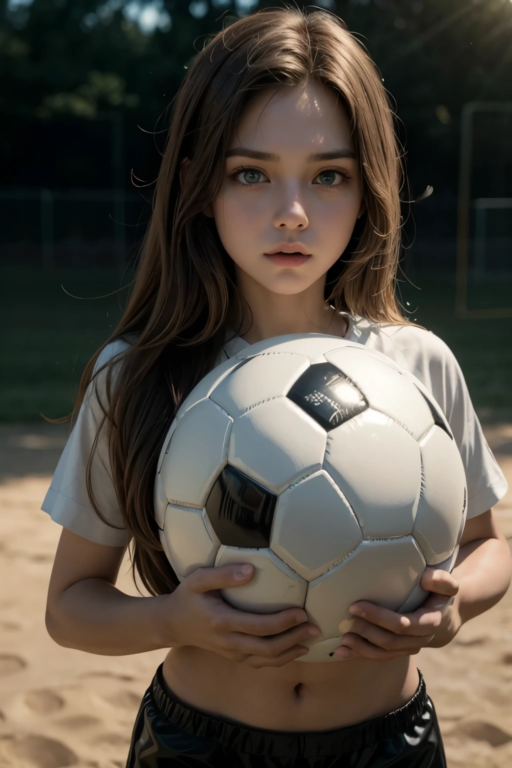 cat green eyes playing soccer ball brown straight hair cowboy shot, cinematic lighting, UHD, 8k