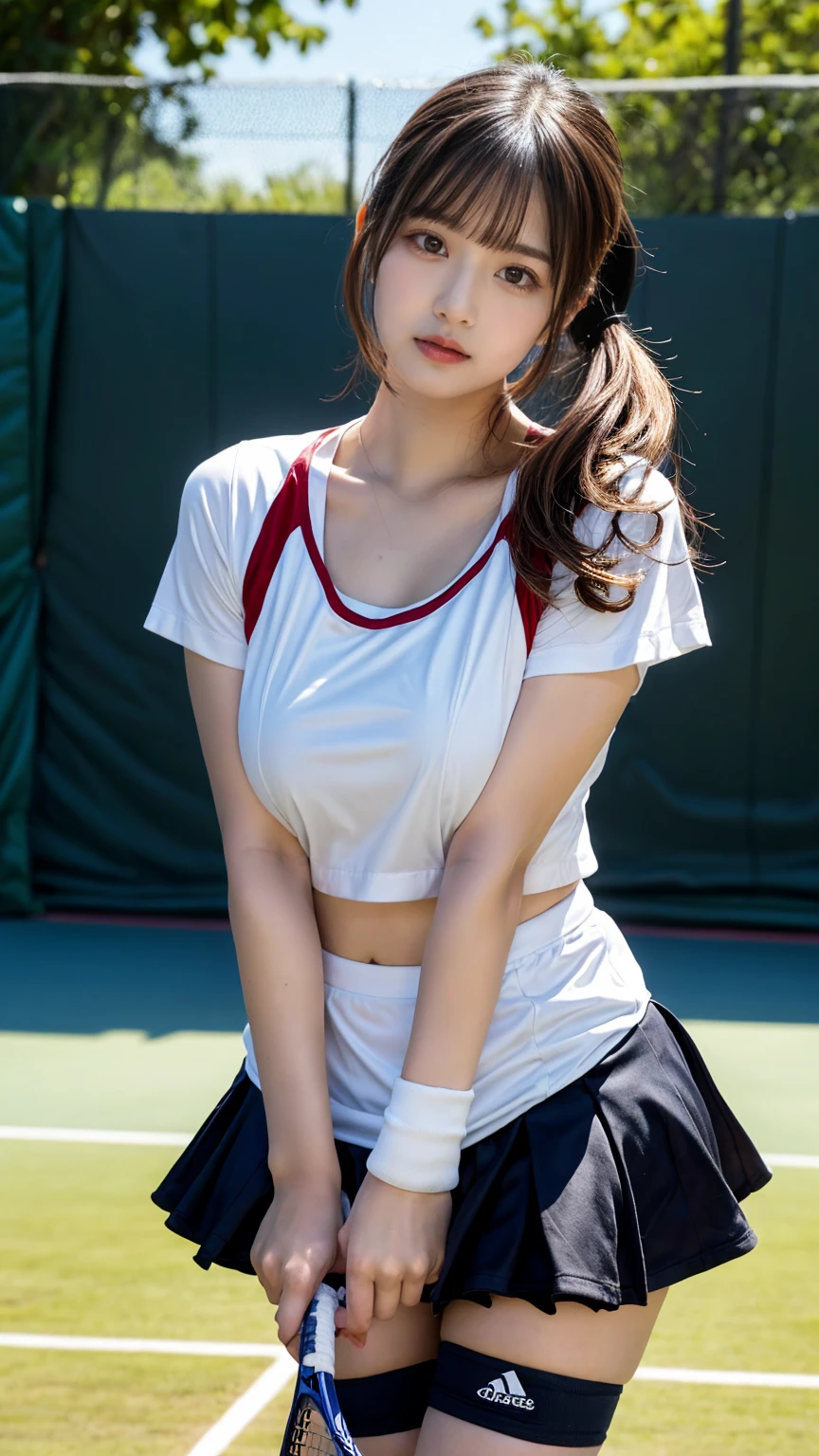 masterpiece, best quality, illustration, Super detailed, fine details, High resolution, 8K,wall paper, perfect dynamic composition, front view, standing, 18 year old girl, tennis player, Gravure Idol, cute type, (Details High quality, realistic depiction of eyes:1.3), (Colossal tits:1.2), expresses the roundness and softness of your chest., low ponytail, bangs, black hair color, Dark makeup, Big Natural Color Lip, thick thighs, perfect body shape, plump figure, large hips, beautiful clavicle, white tennis uniform, short sleeve, shirt, skirt, socks, tennis shoes, depth of fields, natural lighting