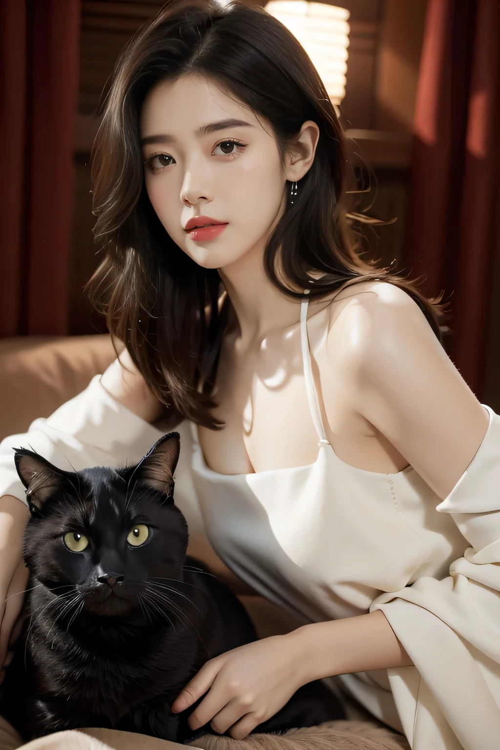 best qualtiy, tmasterpiece, ultra high resolution, (realisticlying:1.5), RAW photogr, 1 cat, adolable, in the darkness nigth, deep shading, low tune, cold light, Sexy look,shoulder length straight bob hair,slim