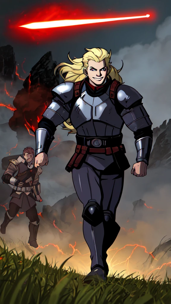 (starwars 2d comic art style with shading), a 20 year old Albino of Anglo-Saxon descent with a pure white complexion and a smile, burly brawny Physique with only 3 fingers on both hands, Albino long hair with thick eyebrows and white eyes, holding his thick ""twohanded greatsword" lightsaber with red lightning around it, black half armor with leather accents, foggy day walking in a lush battlefield, tense atmosphere, (full body portrait with correct body proportions).