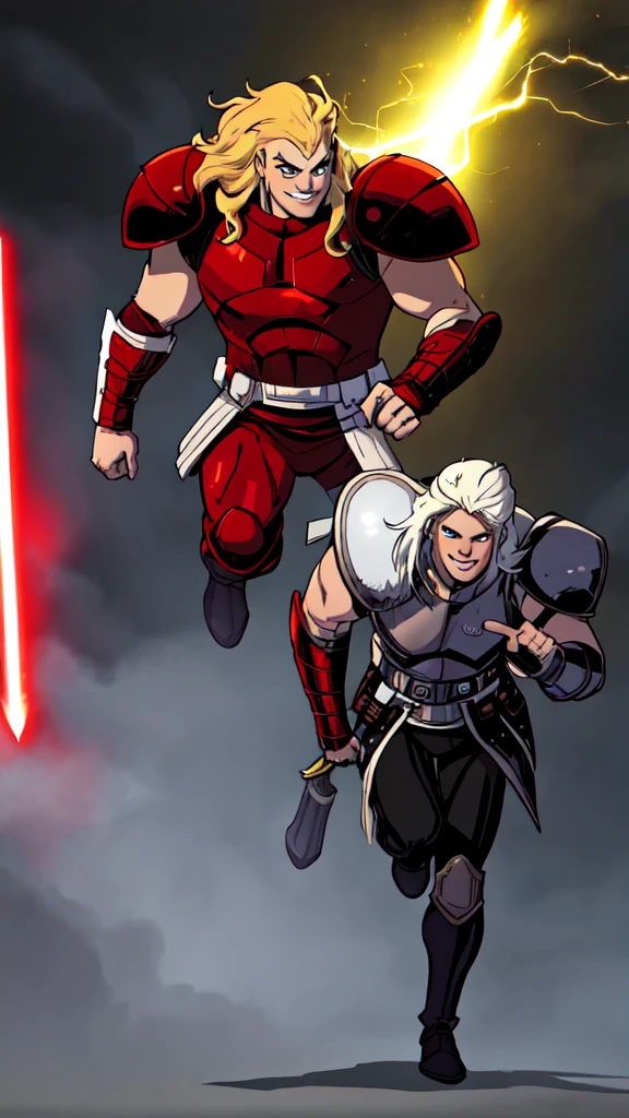 (starwars 2d comic art style with shading), a 20 year old Albino of Anglo-Saxon descent with a pure white complexion and a smile, burly brawny Physique with only 3 fingers on both hands, Albino long hair with thick eyebrows and white eyes, holding his thick ""twohanded greatsword" lightsaber with red lightning around it, black half armor with leather accents, foggy day walking in a lush battlefield, tense atmosphere, (full body portrait with correct body proportions).