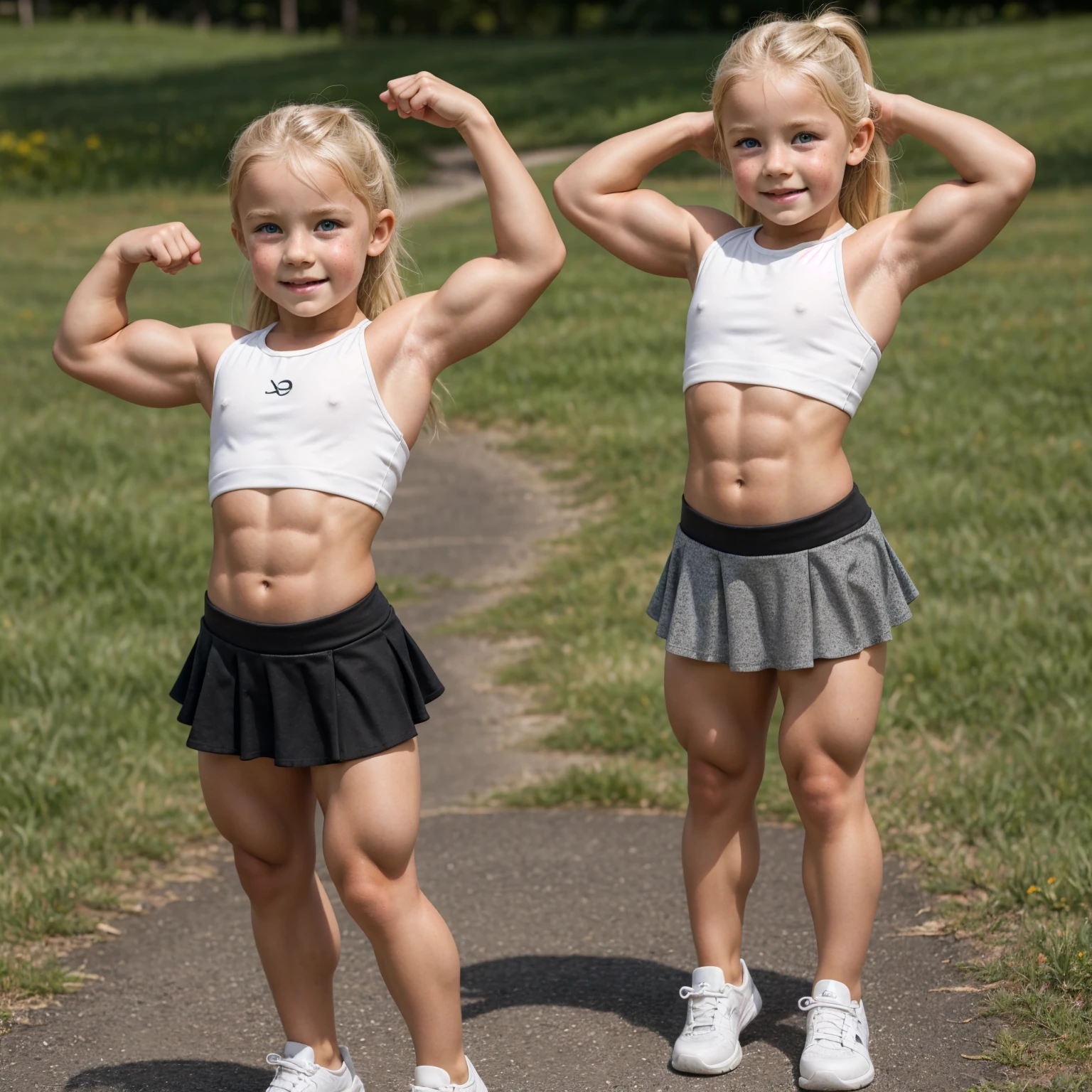 beautiful  blonde muscular bodybuilder children gibig muscles wearing a cute long leggings, skirt, freckles, being outside, tanned skin