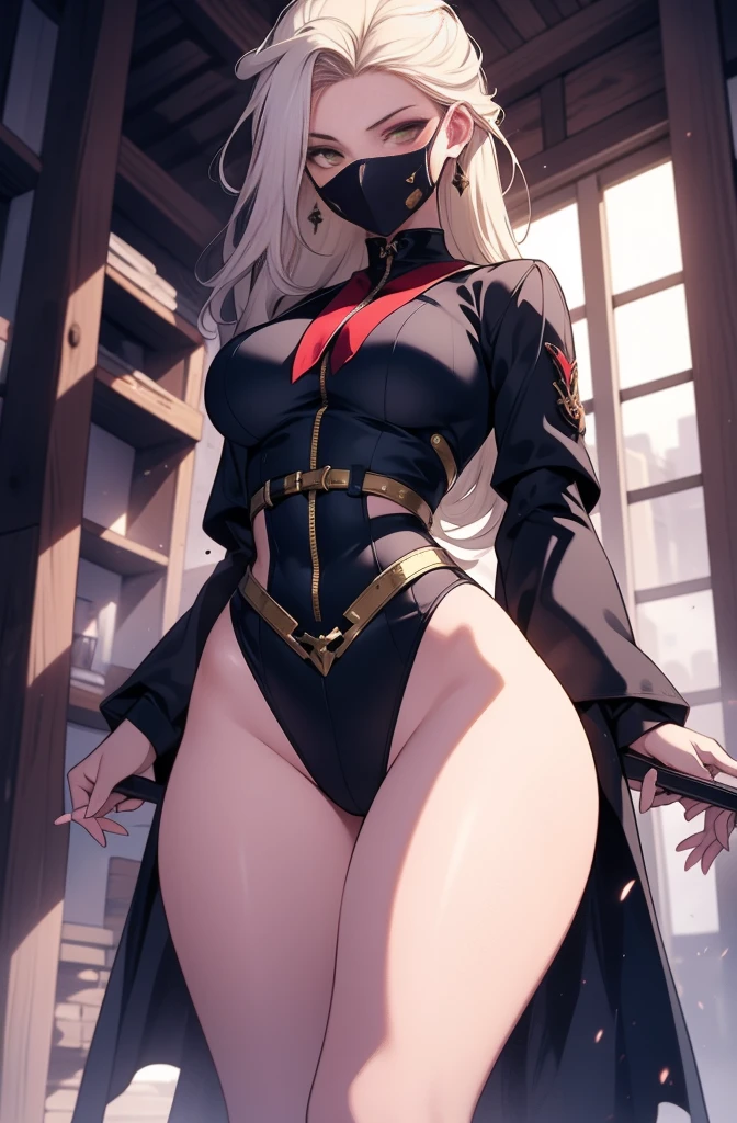 female, solo, young, sexy body, voluptuous figure, tightsuit, white hair, decolored blonde hair, has 2 hand crossbows, rogue assasin, beautifull face, long hair, defined body, yellow and bright eyes, thick legs, strong legs, tall, Voluptuous legs, huge ass, big hip, big ass, female ranger, blue and black robes, rogue mask, small breasts,