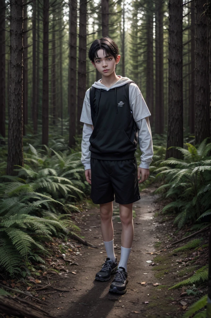 Realistic hyper detail, photo real, full body, HD image: Elf boy, 16 years old, heterochromia, black hair, forest at night.