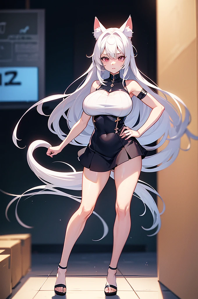 Make a full body character with 2D graphics based on current anime 4k-8k The character is 22 years old. Mature body with big breasts and curves. Eyes red, white cat ears, long white hair down to the ankles. Cat&#39;s furry tail. The outfit is a mix of traditional Japanese kimono, Qipao chines stylized in a cyberpunk way. The colors of the clothes are predominantly white with details of blood red and gold.. With sock 3/4 black and white, sandalhas ninja estilo cyberpunk.