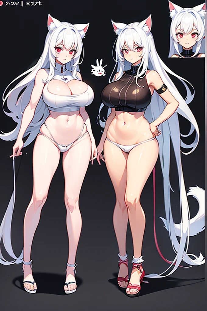 Make a full body character with 2D graphics based on current anime 4k-8k The character is 22 years old. Mature body with big breasts and curves. Eyes red, white cat ears, long white hair down to the ankles. Cat's furry tail. The outfit is a mix of traditional Japanese kimono, Qipao chines stylized in a cyberpunk way. The colors of the clothes are predominantly white with details of blood red and gold.. With sock 3/4 black and white, sandalhas ninja estilo cyberpunk.
