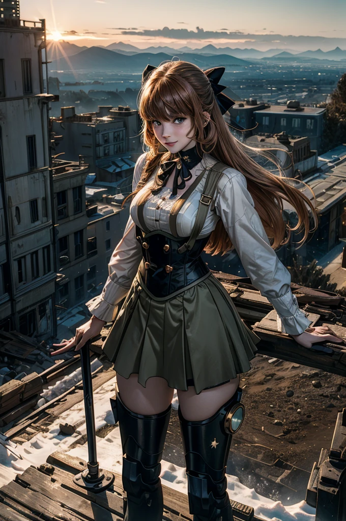 cowboy shot, (dynamic pose), smile,  underbust, Penny Polendina, long hair, neck ribbon, suspender skirt, corset, black bow, white blouse, mechanical legs, neon trim, standing, ((people in city ruins on hill, overlooking valley)), BREAK night, stars, moon, snow, BREAK mountains in background, waterfall, vehicle wreck, ((people in military uniform)), bonfires, post-apocalypse, dystopian future, (volumetric lighting), intricate details, tonemapping, sharp focus, hyper detailed

