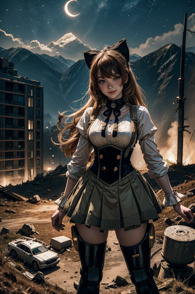 cowboy shot, (dynamic pose), smile,  underbust, Penny Polendina, long hair, neck ribbon, suspender skirt, corset, black bow, white blouse, mechanical legs, neon trim, standing, ((people in city ruins on hill, overlooking valley)), BREAK night, stars, moon, snow, BREAK mountains in background, waterfall, vehicle wreck, ((people in military uniform)), bonfires, post-apocalypse, dystopian future, (volumetric lighting), intricate details, tonemapping, sharp focus, hyper detailed

