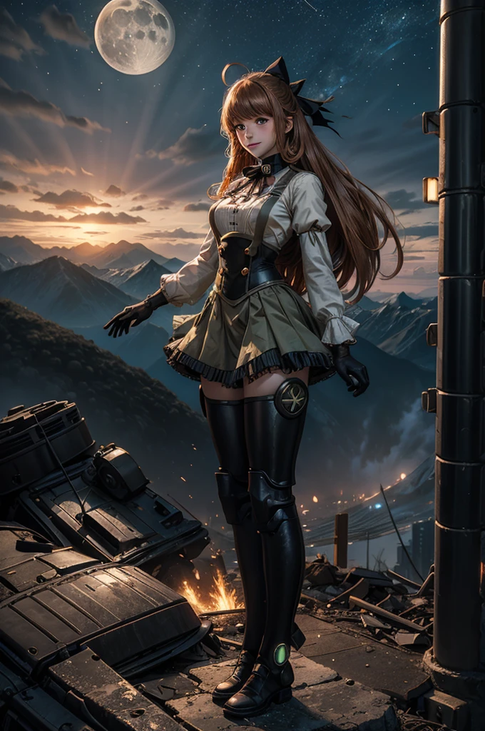 cowboy shot, (dynamic pose), smile,  underbust, Penny Polendina, long hair, neck ribbon, suspender skirt, corset, black bow, white blouse, mechanical legs, neon trim, standing, ((people in city ruins on hill, overlooking valley)), BREAK night, stars, moon, snow, BREAK mountains in background, waterfall, vehicle wreck, ((people in military uniform)), bonfires, post-apocalypse, dystopian future, (volumetric lighting), intricate details, tonemapping, sharp focus, hyper detailed

