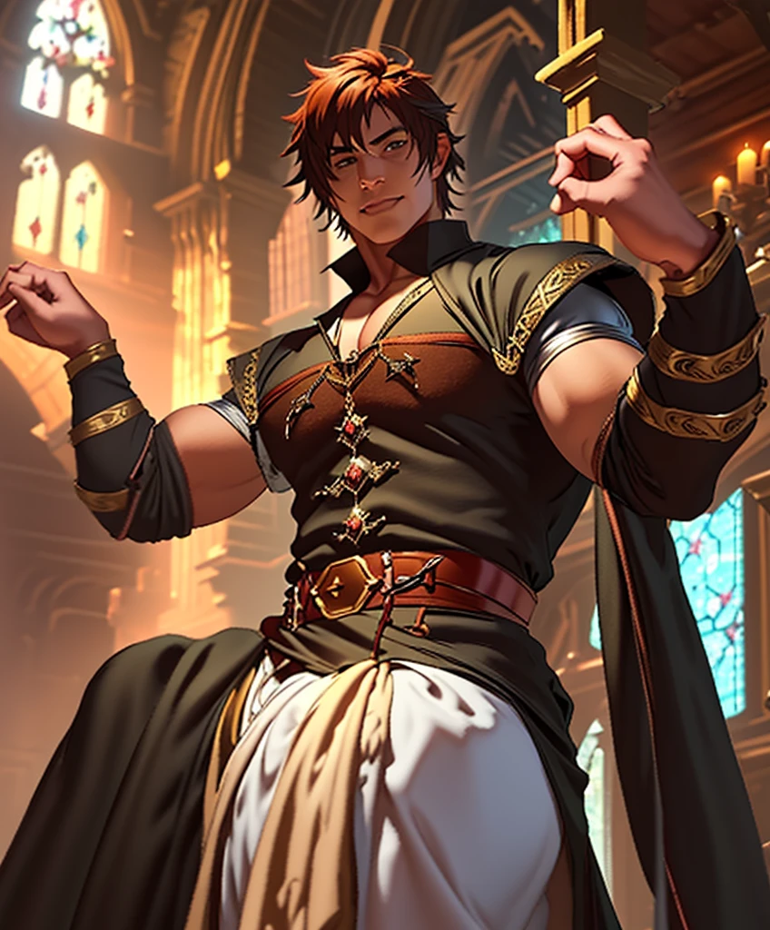 (((Single character image.))) (((1boy))) (((Looks like beefcake male fantasy character.))) (((Dressed in medieval fantasy attire.))) Boyfriend in a fantasy setting. (((Male fantasy character in a grim fantasy setting.))) Looks like a fun-loving and heroic male adventurer for Dungeons & Dragons. Looks like a very attractive male adventurer for a high fantasy setting. Looks like a hot boyfriend. Looks like a handsome and rugged male adventurer for Dungeons & Dragons. Looks like a handsome male for a medieval fantasy setting. Looks like a Dungeons & Dragons adventurer, very cool and masculine hair style, black clothing, handsome, charming smile, adventurer, athletic build, excellent physique, confident, gorgeous face, gorgeous body, detailed and intricate, fantasy setting,fantasy art, dungeons & dragons, fantasy adventurer, fantasy NPC, attractive male in his mid 20's, ultra detailed, epic masterpiece, ultra detailed, intricate details, digital art, unreal engine, 8k, ultra HD, centered image award winning, fantasy art concept, digital art, centered image, flirting with viewer, best quality:1.0,hyperealistic:1.0,photorealistic:1.0,madly detailed CG unity 8k wallpaper:1.0,masterpiece:1.3,madly detailed photo:1.2, hyper-realistic lifelike texture:1.4, picture-perfect:1.0,8k, HQ,best quality:1.0,