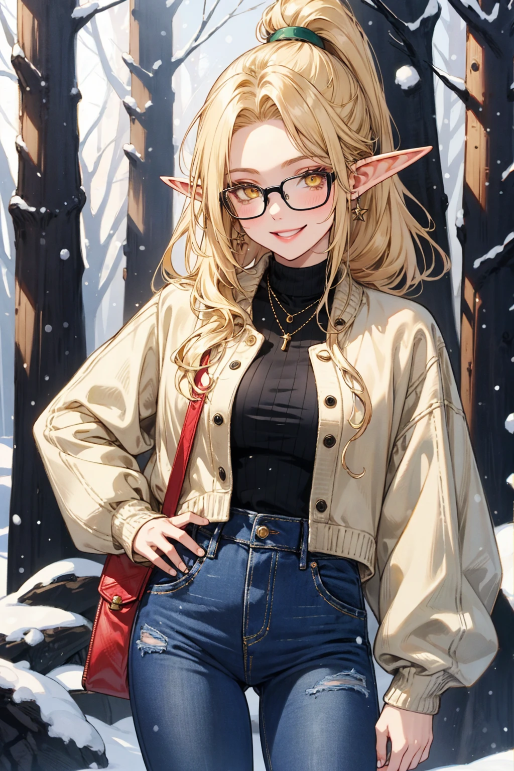 masterpiece:1.2, Ultra high quality:1.2, ultra detailed, enter details, bright colors, Elf, Adult woman:1.4, One, blonde hair, yellow eyes, pale skin, glasses, Winter Forest Scene, grinning, black striped sweater, jeans, high ponytail, pink lips, red wallet 