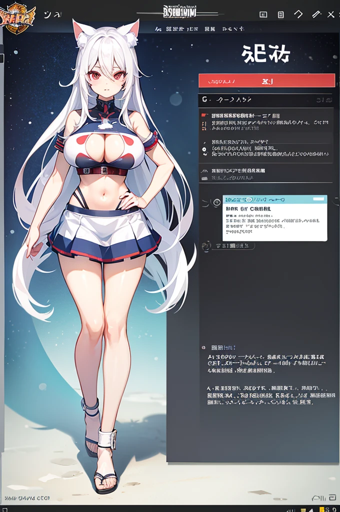 Make a full body character with 2D graphics based on current anime 4k-8k The character is 22 years old. Mature body with big breasts and curves. Eyes red, white cat ears, long white hair down to the ankles. Cat&#39;s furry tail. The outfit is a mix of traditional Japanese kimono, Qipao chines stylized in a cyberpunk way. The colors of the clothes are predominantly white with details of blood red and gold.. With sock 3/4 black and white, sandalhas ninja estilo cyberpunk.