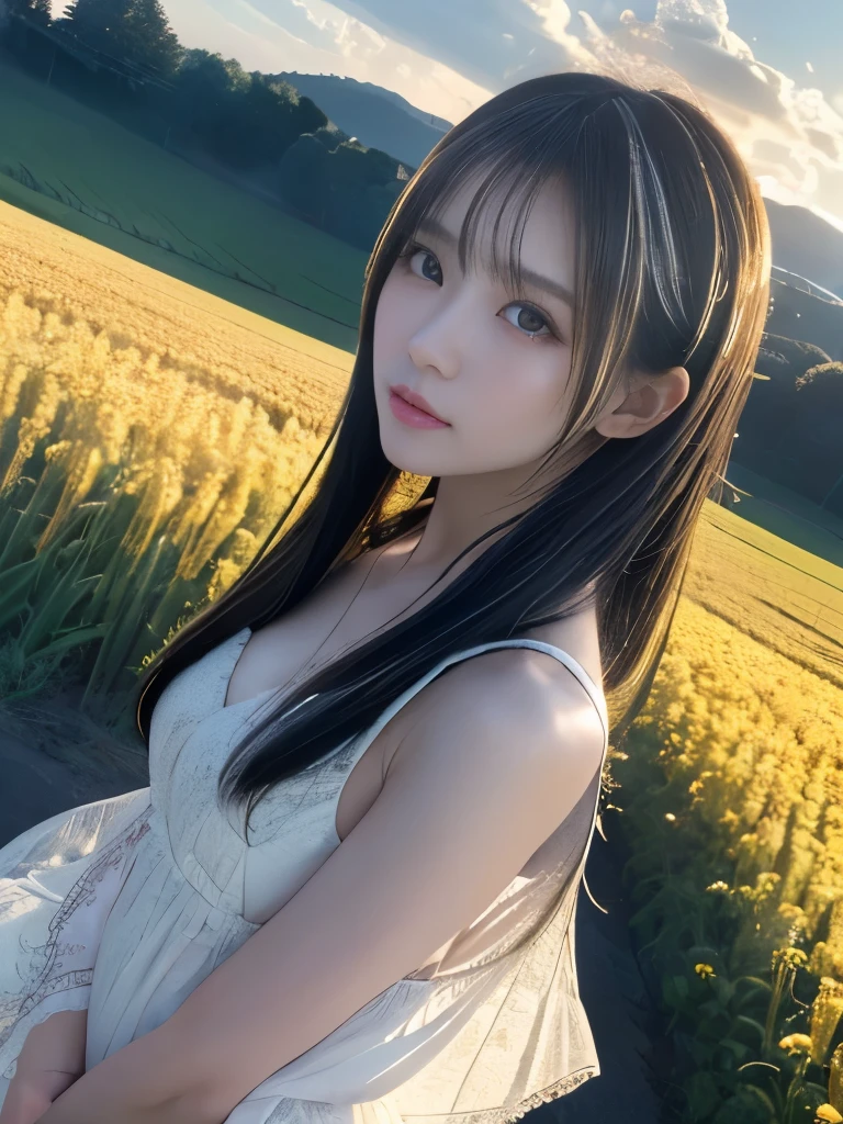 (Reality: 1.3), Are you okay, Highest quality, Rembrandt Lighting, (Ultra high definition,masterpiece: 1.2), (Reality: 1.2), (best quality), (Skin Details: 1.3), (Soft skin texture,Exquisite detail), dramatic, Idyllic, Ray Tracing, One girl, Japanese, Long black hair, 23 years old, Modern Fashion (Pasture, sun, cloud, fields, farm, Starlight, Trail)  