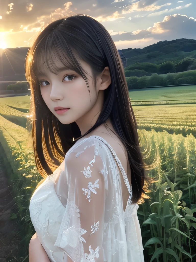 (Reality: 1.3), Are you okay, Highest quality, Rembrandt Lighting, (Ultra high definition,masterpiece: 1.2), (Reality: 1.2), (best quality), (Skin Details: 1.3), (Soft skin texture,Exquisite detail), dramatic, Idyllic, Ray Tracing, One girl, Japanese, Long black hair, 23 years old, Modern Fashion (Pasture, sun, cloud, fields, farm, Starlight, Trail)  
