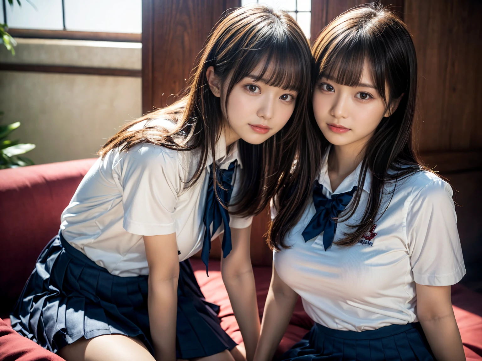 (RAW photo, 4k, masterpiece, high resolution, extremely complex) (realistic: 1.4), cinematic lighting
((2 girls, 2 schoolgirls)),Slam Dunk's,blushing,((innocent)),bright eyes,round eyes,blunt bangs,(straight hair:1.3),black hair,large breasts,wide hips,Summer Noon, ,Hot, (Best Quality), (Highres), (an Extremely Delicate and Beautiful),(Beautiful 8k face),(Brown eyes),short bob hair,( spectators),(gigantic breasts),(Play with each other,Touching each other's bodies,Touching the body),(Japanese high school uniform:1.3),blue skirt,(reality),bright lighting,(The background is a luxury hotel room)