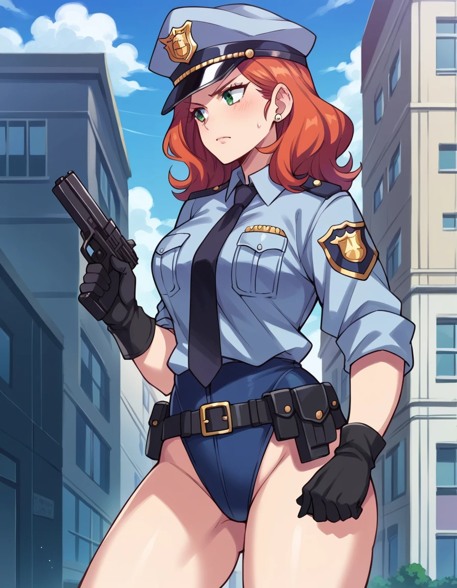 There is a woman in a police uniform holding a gun, official, police official, (Yoshida Yuuko), brave police, Attire: cop, redhead woman, yoshida yuuko wearing a police uniform, high resolution commission, sheriff woman, Lois van Baarle y Rossdraws, bottomless, leotard blue, bare legs, standing,