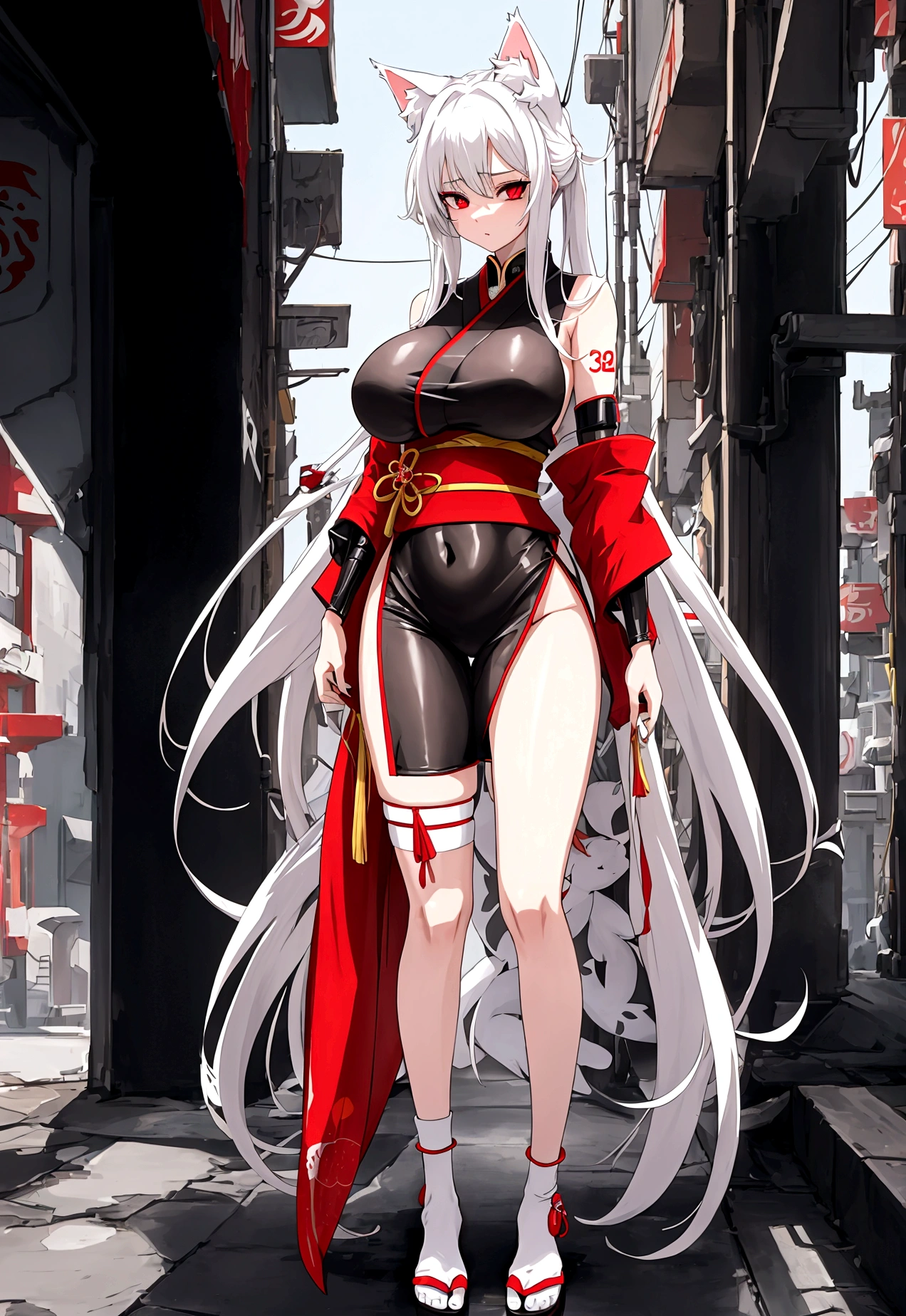 Make a full body character with 2D graphics based on current anime 4k-8k The character is 22 years old. Mature body with big breasts and curves. Eyes red, white cat ears, long white hair down to the ankles. Cat&#39;s furry tail. The outfit is a mix of traditional Japanese kimono, Qipao chines stylized in a cyberpunk way. The colors of the clothes are predominantly white with details of blood red and gold.. With sock 3/4 black and white, sandalhas ninja estilo cyberpunk.