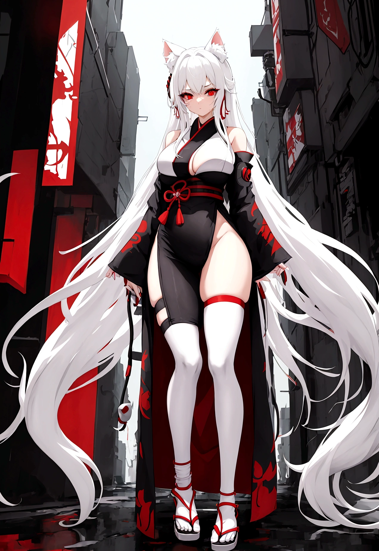 Make a full body character with 2D graphics based on current anime 4k-8k The character is 22 years old. Mature body with big breasts and curves. Eyes red, white cat ears, long white hair down to the ankles. Cat&#39;s furry tail. The outfit is a mix of traditional Japanese kimono, Qipao chines stylized in a cyberpunk way. The colors of the clothes are predominantly white with details of blood red and gold.. With sock 3/4 black and white, sandalhas ninja estilo cyberpunk.