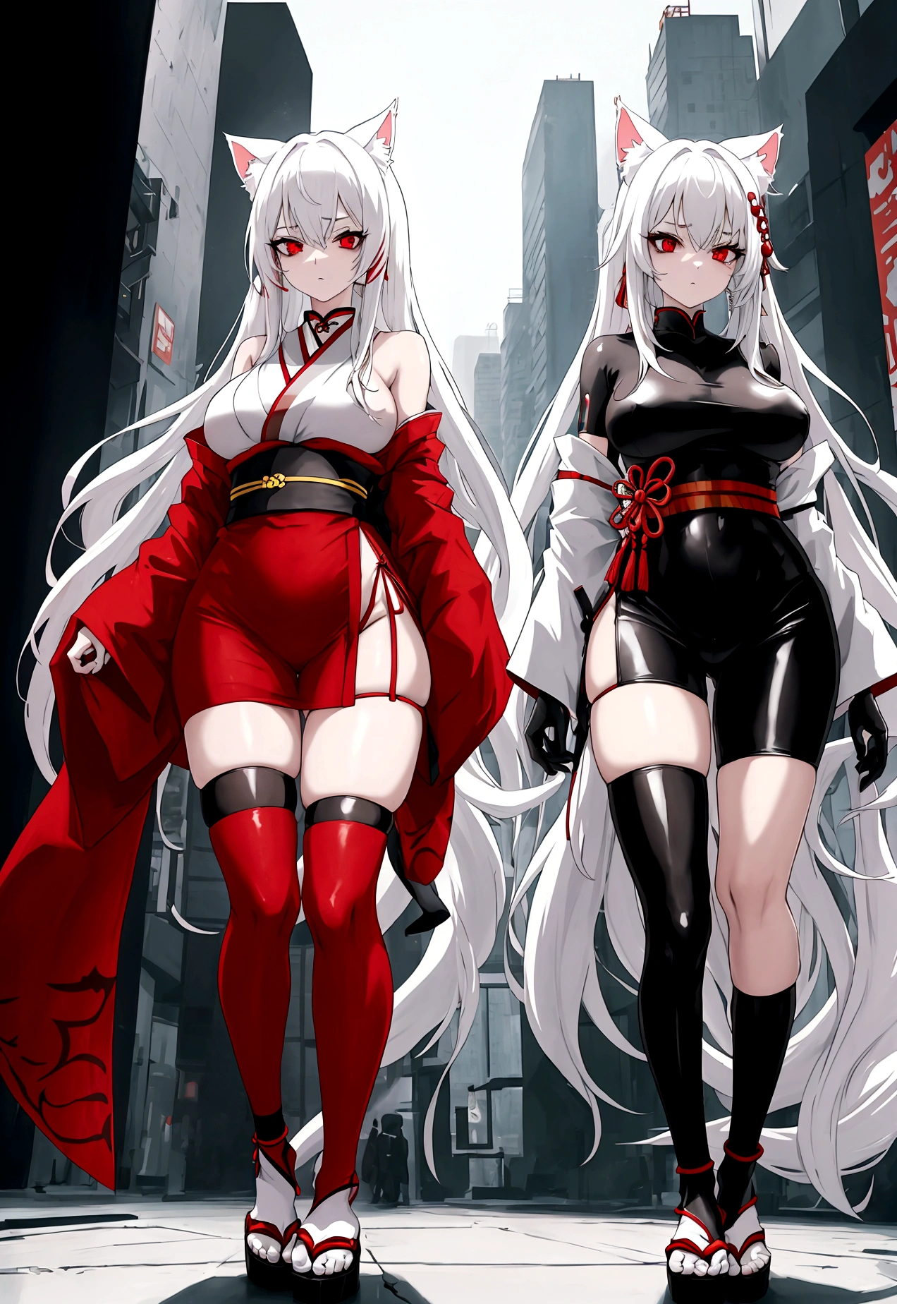 Make a full body character with 2D graphics based on current anime 4k-8k The character is 22 years old. Mature body with big breasts and curves. Eyes red, white cat ears, long white hair down to the ankles. Cat's furry tail. The outfit is a mix of traditional Japanese kimono, Qipao chines stylized in a cyberpunk way. The colors of the clothes are predominantly white with details of blood red and gold.. With sock 3/4 black and white, sandalhas ninja estilo cyberpunk.