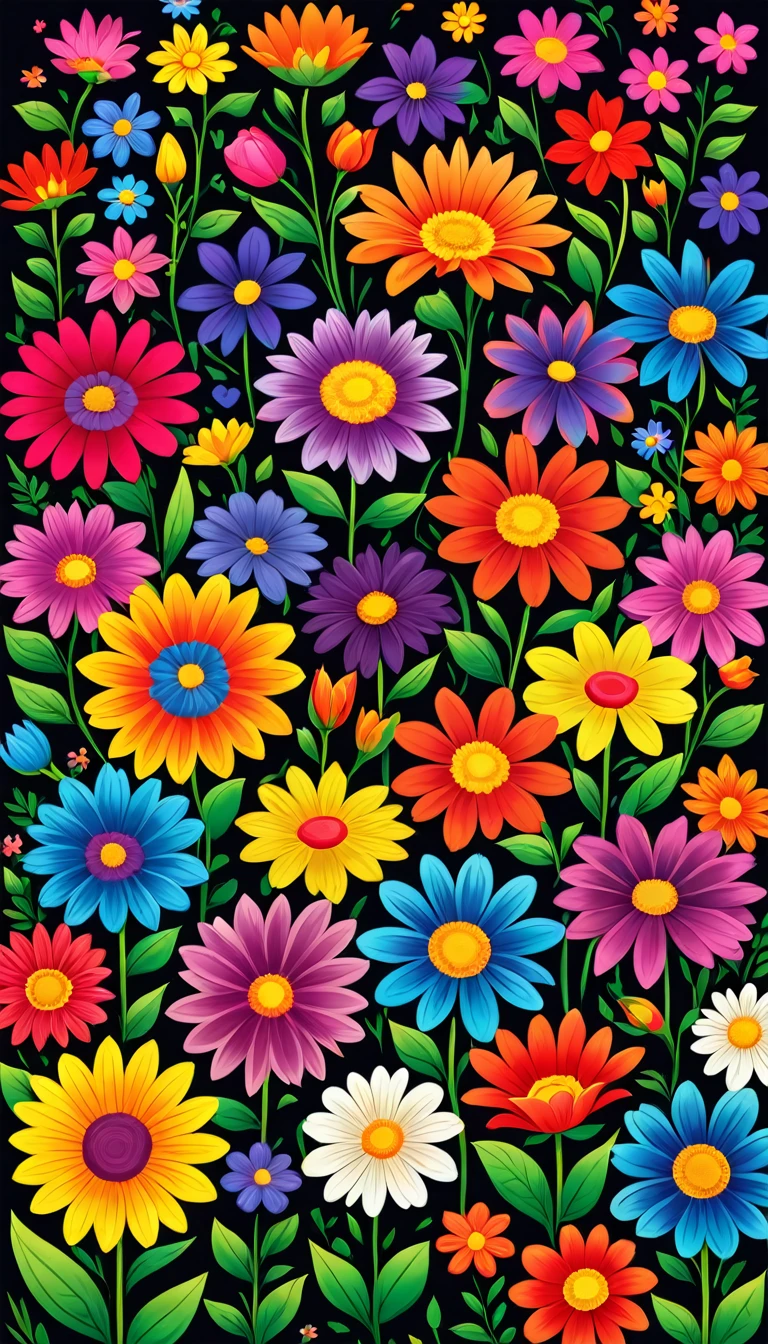 illustration of  a flower garden,  vivid color intense color  vivid color book cover multi color happy color very dark background and  bright flowers deep dark round shape in the middle of the cover