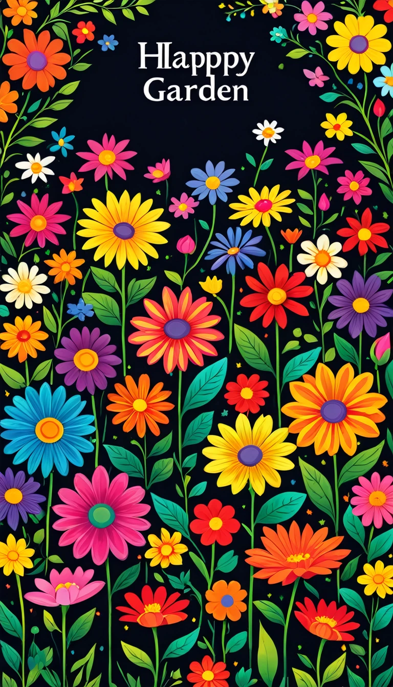 illustration of a flower garden, vivid color intense color vivid color book cover multi color happy color very dark background and bright flowers deep dark round shape in the middle of the cover