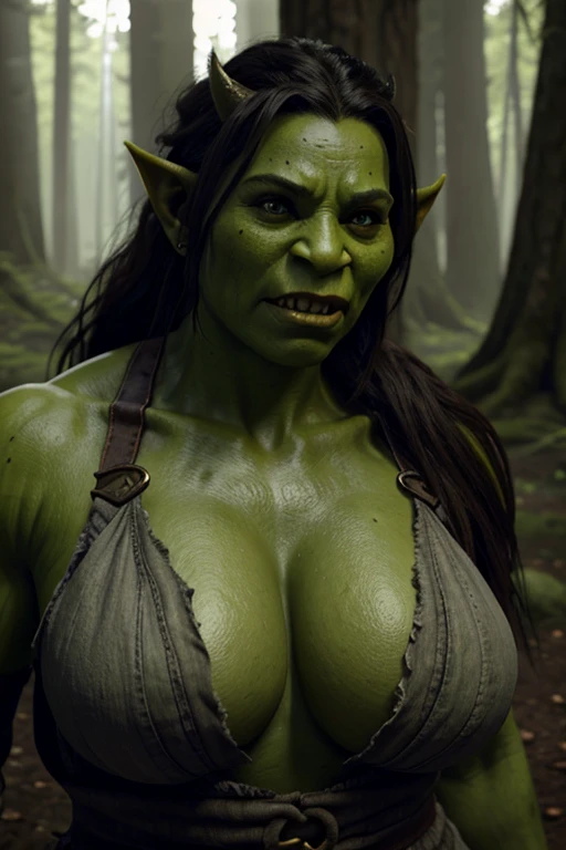 Young orc woman, big fangs, female orc, (green skin) , peaceful expression, dirty clothes and hair, wool and fur clothes, wearing linen dress, bone jewelry, big body, muscular, big sagging breasts, forest background, natural lighting, highly detailed, 4k, photorealistic, dramatic lighting, cinematic, fantasy art, ultra high quality, sharp Focus, orczor, shewoworc