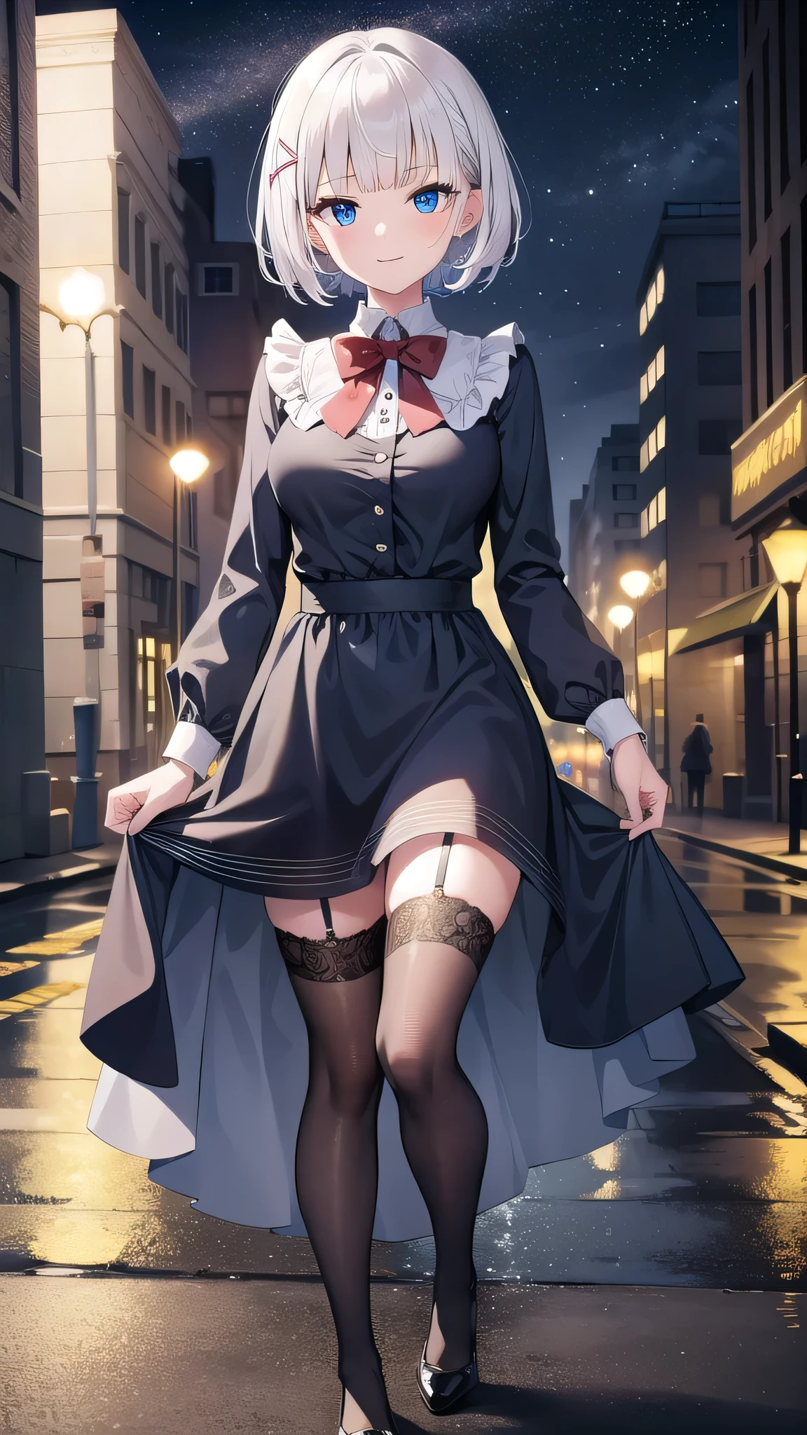 detectivesiesta, smile, short hair, bangs, blue eyes, shirt, hair ornament, long sleeves, dress, bow, white hair, hairclip, blunt bangs, bowtie, red bow, x hair ornament, red bowtie, siesta, (medium breast:1.2), BREAK looking at viewer, BREAK outside, BREAK (masterpiece:1.2), best quality, high resolution, unity 8k wallpaper, (illustration:0.8), (beautiful detailed eyes:1.6), extremely detailed face, perfect lighting, extremely detailed CG, (perfect hands, perfect anatomy),night,street,wet road,starfall,stars,moon,reflections,full body shot, stockings, black stockings,
