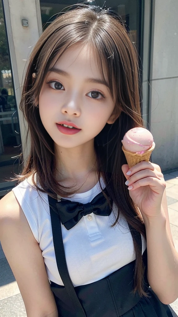 ((A beautiful girl licking ice cream deliciously)), (Baby-faced girl:1.3, Cute school girl:1.2), Sexy look, Captivating Lips, blush, Slender body line, ((Detailed eyes and face:1.2, Professional photography techniques)), View the viewer, Detailed hands, Perfect hands