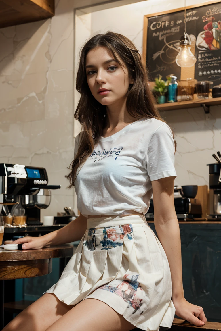 (Extremely detailed CG:1.2), (Masterpiece:1.2), (The best quality:1.2),,((absurdities)),looking at the viewer,whole body, ,(1girl),only,(long hair),,(white short sleeve shirt),(MARINA_blue pleated skirt),(long skirt),Dynamic Angle,Standing,dynamic pose,((Delicate facial features)),(blue eyes) in a coffee shop sitting drinking coffeee