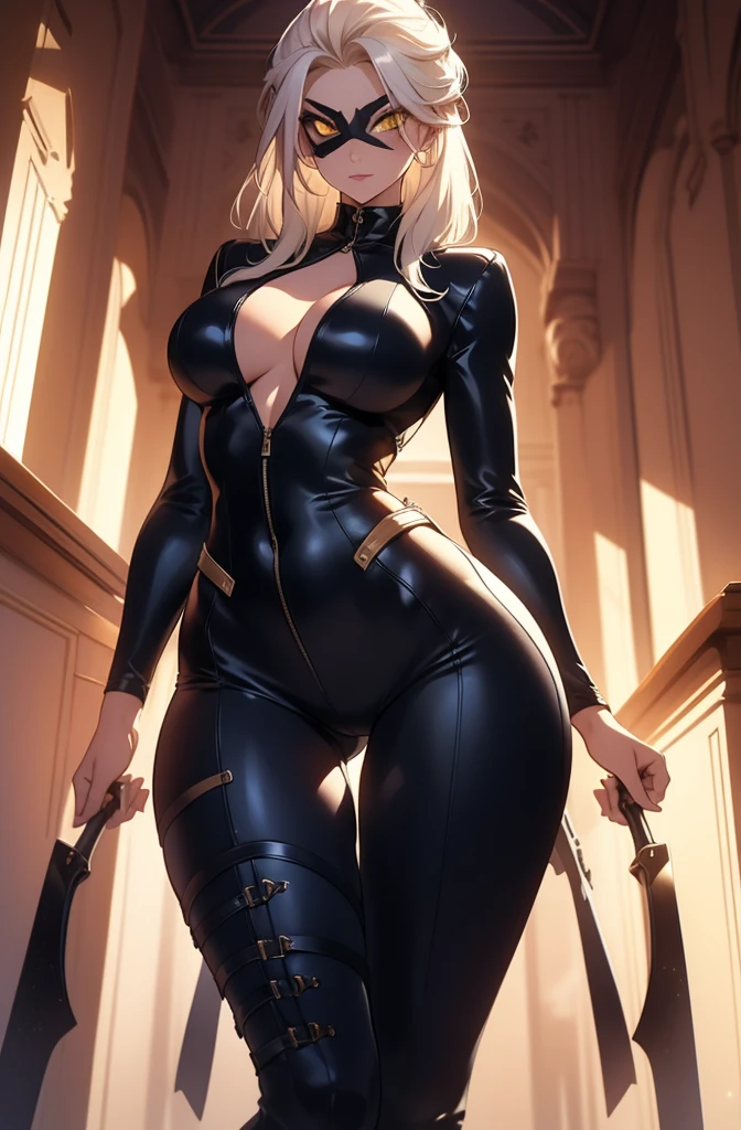 female, solo, young, sexy body, voluptuous figure, tightsuit, white hair, decolored blonde hair, has 2 hand crossbows, rogue assasin, beautifull face, long hair, defined body, yellow and bright eyes, thick legs, strong legs, tall, Voluptuous legs, huge ass, big hip, big ass, female ranger, blue and black robes, rogue mask, small breasts,