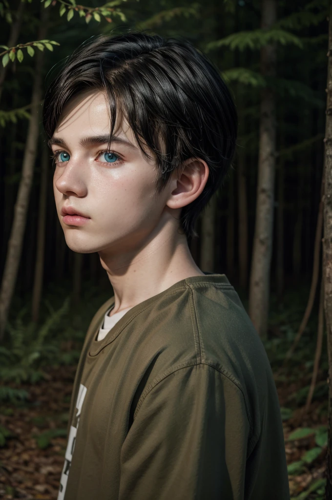 Realistic hyper detail, photo real, HD image: Elf boy, 16 years old, heterochromia, black hair, forest at night.