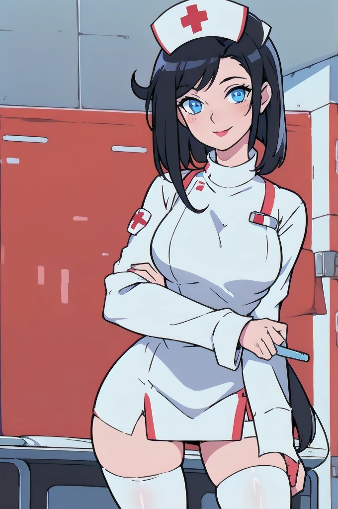 1woman, Nurse, nurse uniform, Nurse Cap, Whiteware, ((White legwear, zettai ryouiki)), White Gloves, black hair, Blue eyes, red lipsticks, Smile, Standing, sharp outline, long sleeves, a mature female, 25 year old, Best Quality, masterpiece, infirmary, detailed illustration 