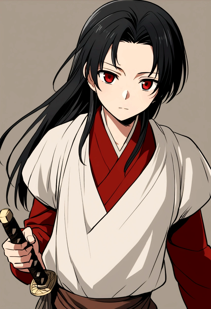 An anime character/manga whose approximate age is 15 years, living in the 1500s and their clothes typical of that time but in medieval style, On his waist he carries a katana and his eyes are red as coals., and your black hair