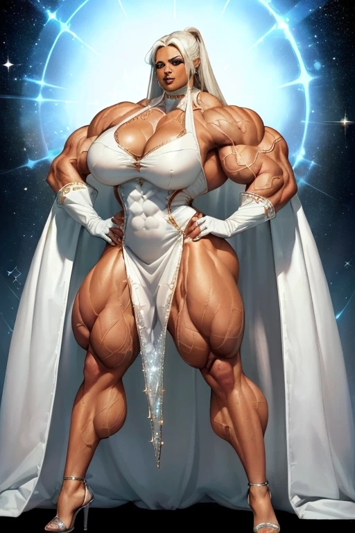 ((((Massive beautiful, buff, bulky, light brown brown skinned muscular woman with white hair, black lipstick, ginormous bulky muscles, hands on hips and wearing a sparkly, long white cocktail dress)))), (close view), vascular, massive muscle, massive biceps, hyper muscle shoulders, vascular shoulders, hyper muscle triceps, long straight hair), blue eyes, (high heels), ((sparkly long white cocktail dress)), ((long sleeved white gloves)), closed smile, ((at a neon club)), at evening, hyper muscles arms, hyper muscle legs, massive arms