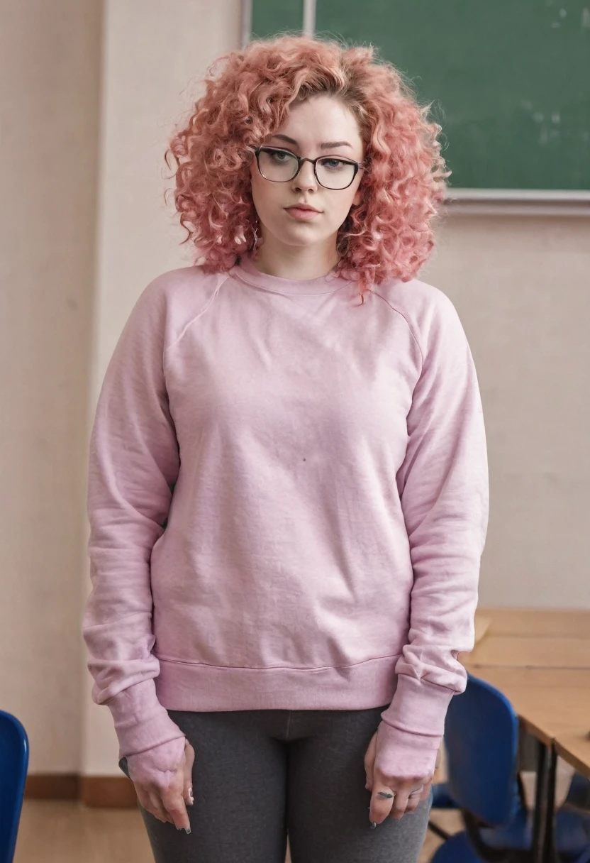 Pink Curly hair pale skin fat glasses woman in sweatshirt standing in classroom full body 