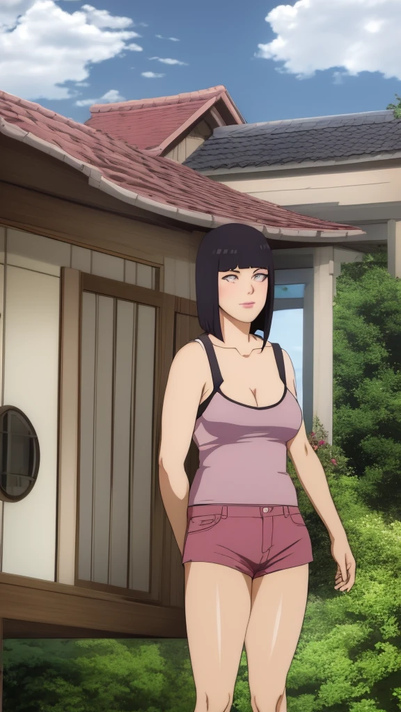 Masterpiece, Hinata\(Boruto\), 1 girl, alone,mature woman, (wearing mini camisole & hotpants:1.25),  outdoor, look at viewer, (petals falling), The sky is cloudy, laundry-ing, perfect composition, details lips, big breast, Beautiful face, body proportions, Blush, (pink lips), long hair,  purple eyes,  soft stare, sad smile,  Very realistic, details, photography, accurate faces and bodies, stay-at-home wife, lonely wife, 