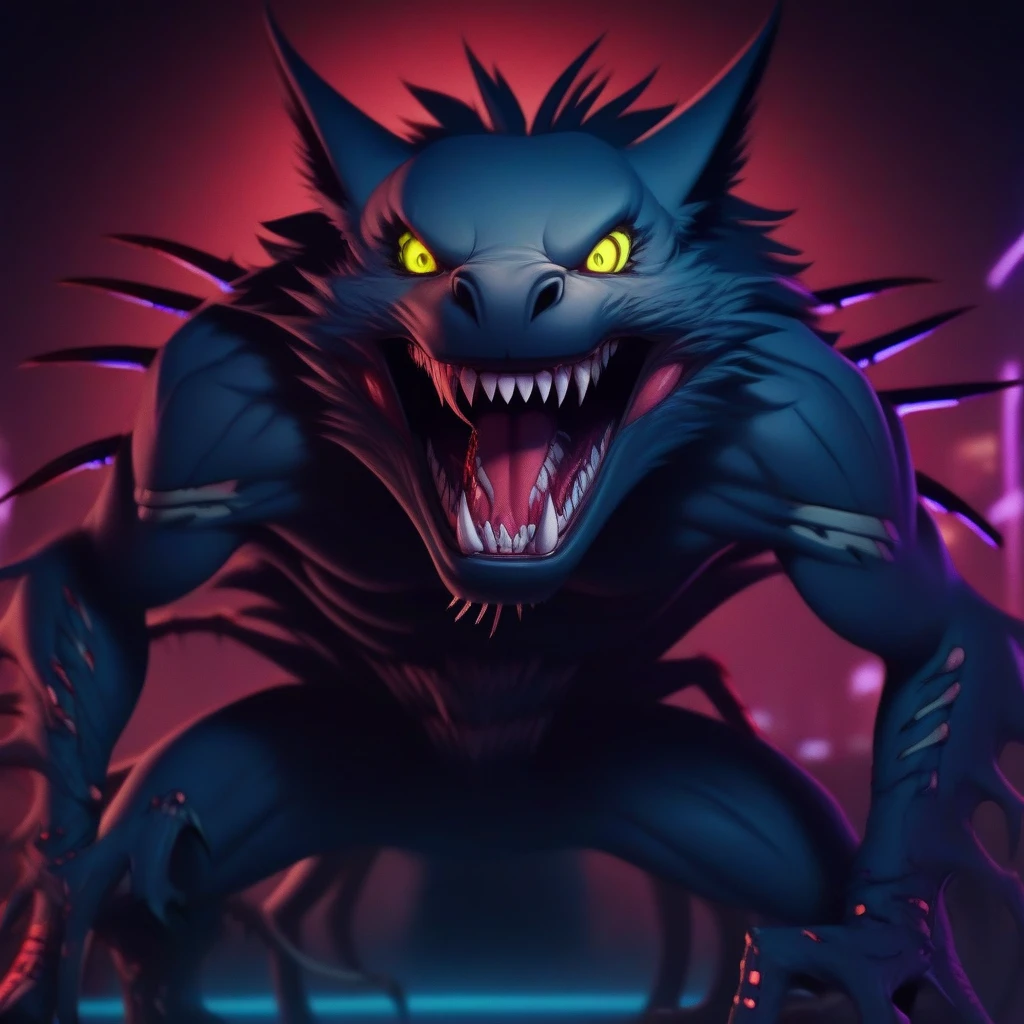 repulsive beast the Chupacabra,evening, high quality, furry, cyberpunk eyes, ((Big fangs)) teeth bathed in blood, Open mouth, 5 legs, whole body,  horizontal image, fierce look, craving to eat, angry, epic
