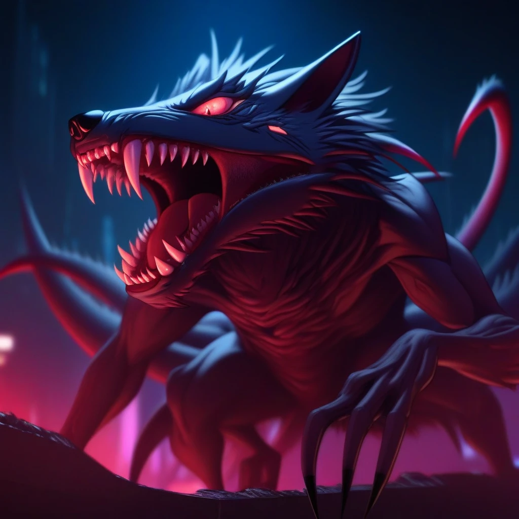 repulsive beast the Chupacabra,evening, high quality, furry, cyberpunk eyes, ((Big fangs)) teeth bathed in blood, Open mouth, 5 legs, whole body,  horizontal image, fierce look, craving to eat, angry, epic
