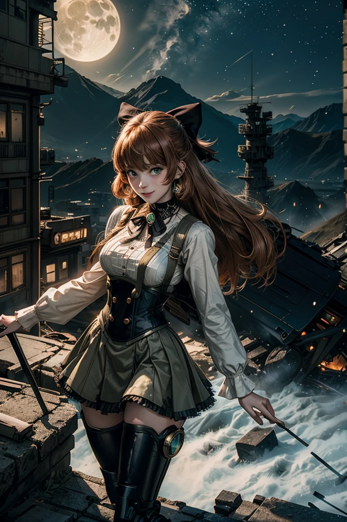 cowboy shot, (dynamic pose), smile,  underbust, Penny Polendina, long hair, neck ribbon, suspender skirt, corset, black bow, white blouse, mechanical legs, neon trim, standing, ((people in city ruins on hill, overlooking valley)), BREAK night, stars, moon, snow, BREAK mountains in background, waterfall, vehicle wreck, ((people in military uniform)), bonfires, post-apocalypse, dystopian future, (volumetric lighting), intricate details, tonemapping, sharp focus, hyper detailed

